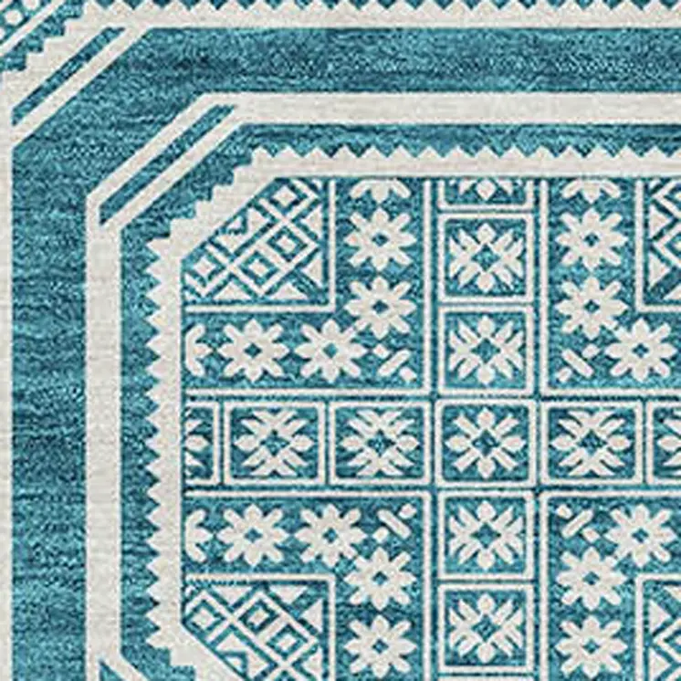 8' X 10' Teal Blue And Ivory Geometric Washable Indoor Outdoor Area Rug