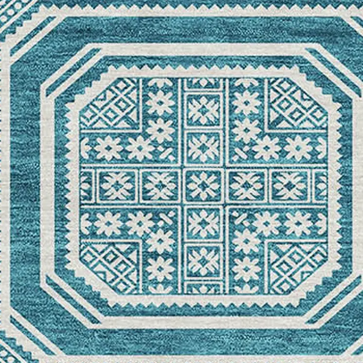 8' X 10' Teal Blue And Ivory Geometric Washable Indoor Outdoor Area Rug