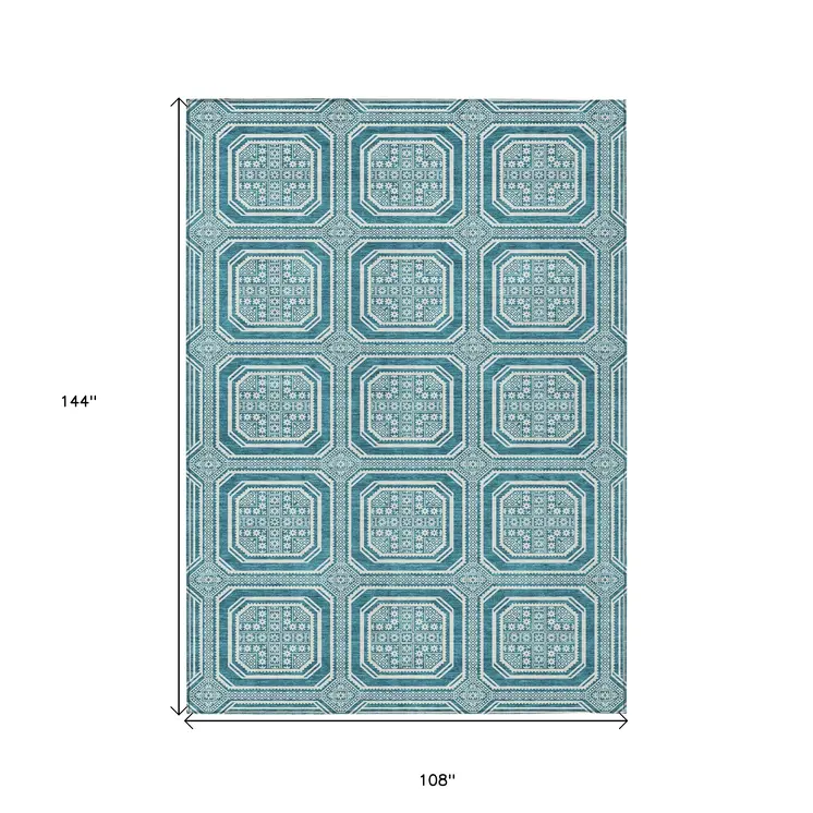 9' X 12' Teal Blue And Ivory Geometric Washable Indoor Outdoor Area Rug