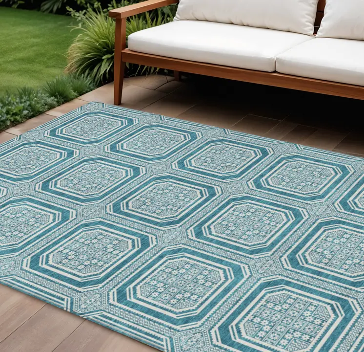 9' X 12' Teal Blue And Ivory Geometric Washable Indoor Outdoor Area Rug