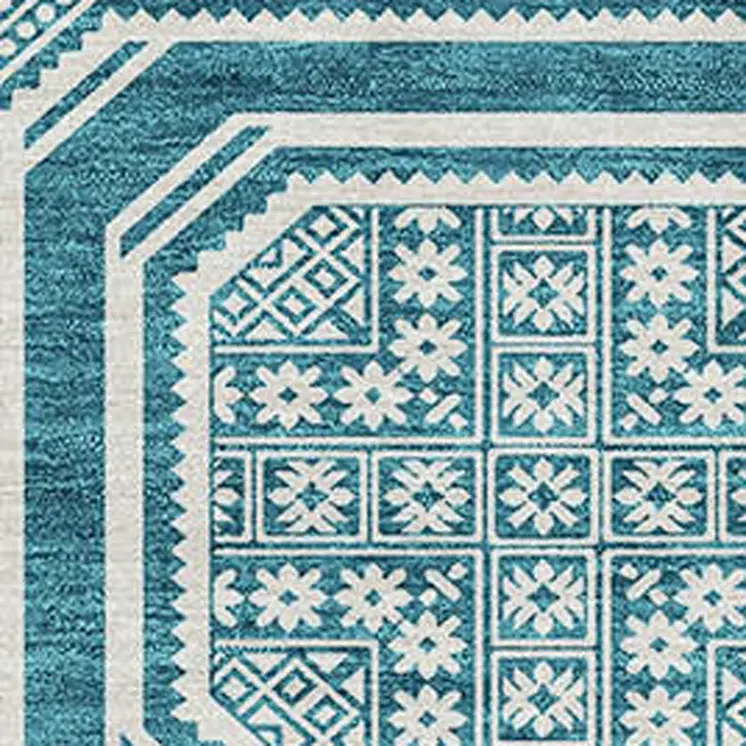 9' X 12' Teal Blue And Ivory Geometric Washable Indoor Outdoor Area Rug