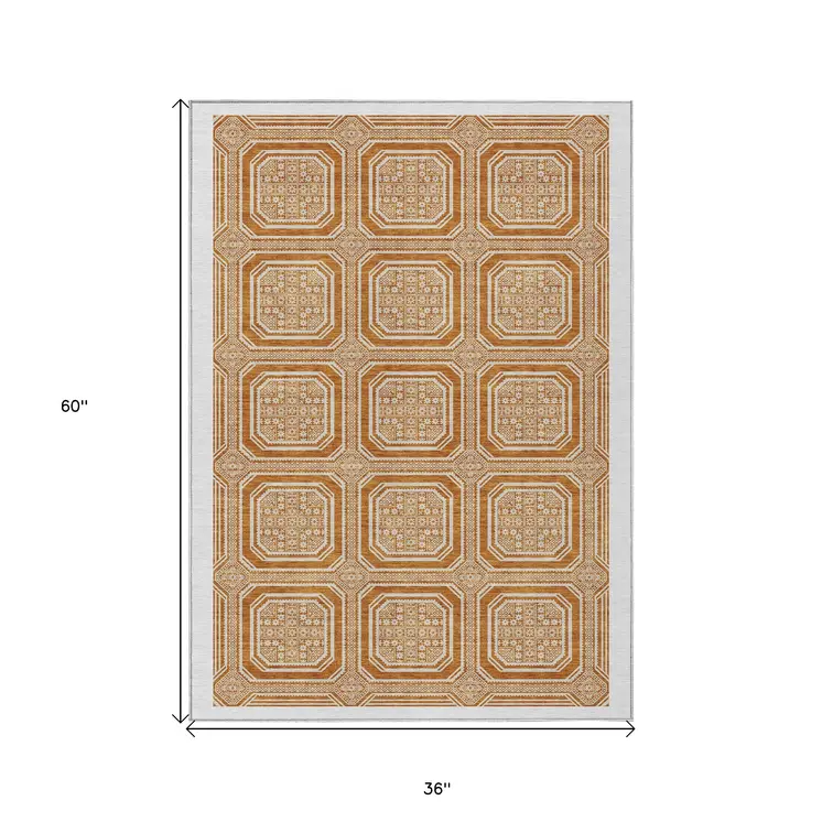 3' X 5' Terra Cotta And Ivory Geometric Washable Indoor Outdoor Area Rug