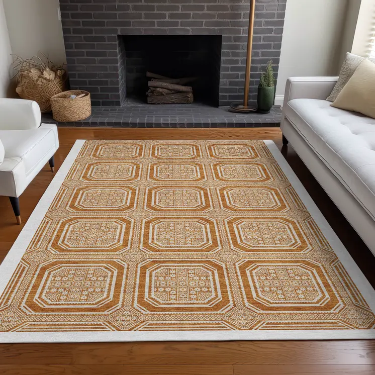 3' X 5' Terra Cotta And Ivory Geometric Washable Indoor Outdoor Area Rug