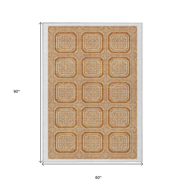 5' X 8' Terra Cotta And Ivory Geometric Washable Indoor Outdoor Area Rug