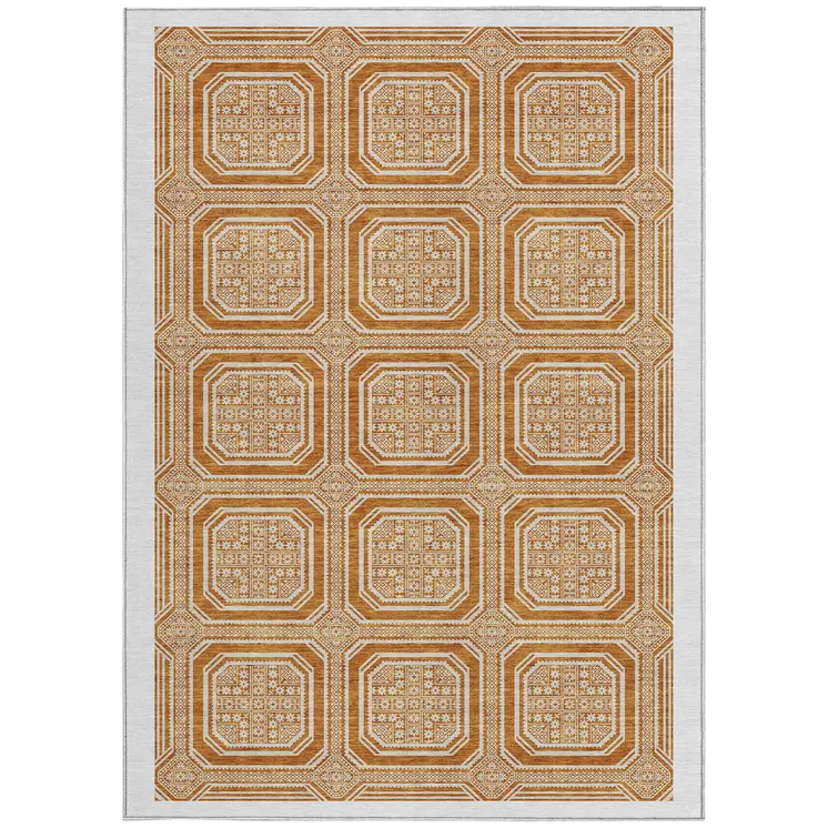 5' X 8' Terra Cotta And Ivory Geometric Washable Indoor Outdoor Area Rug