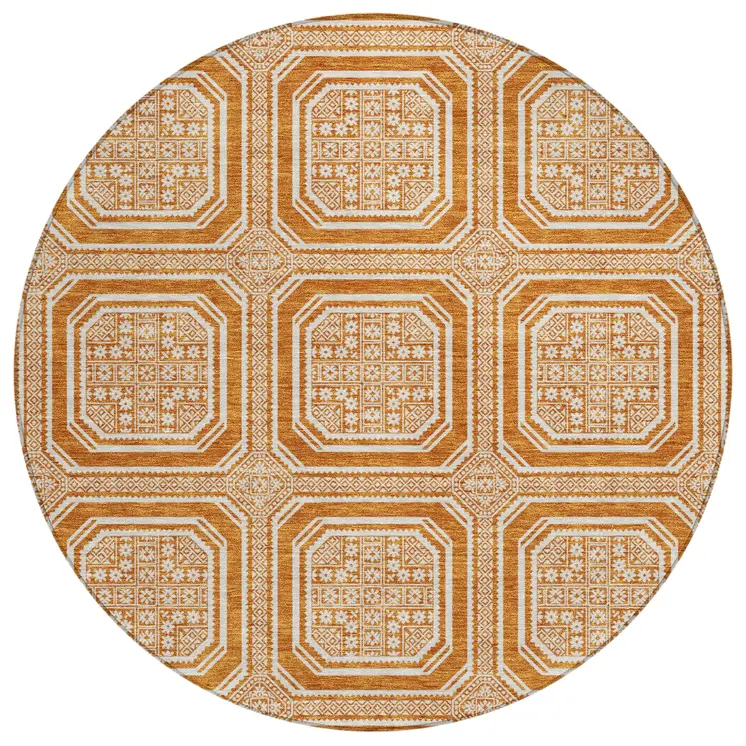 8' Terra Cotta And Ivory Round Geometric Washable Indoor Outdoor Area Rug
