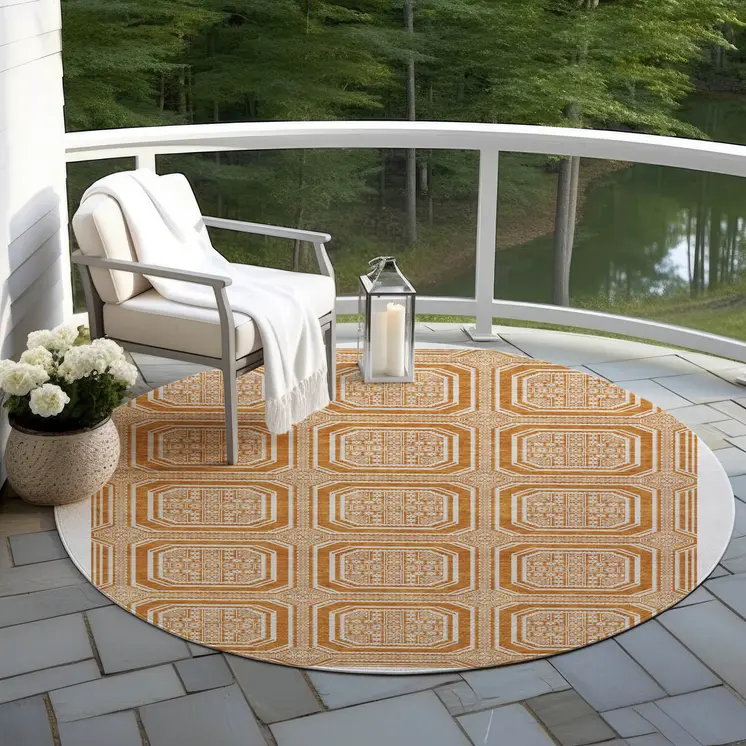 8' Terra Cotta And Ivory Round Geometric Washable Indoor Outdoor Area Rug