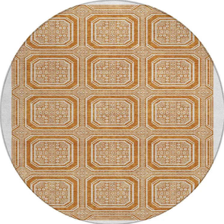 8' Terra Cotta And Ivory Round Geometric Washable Indoor Outdoor Area Rug