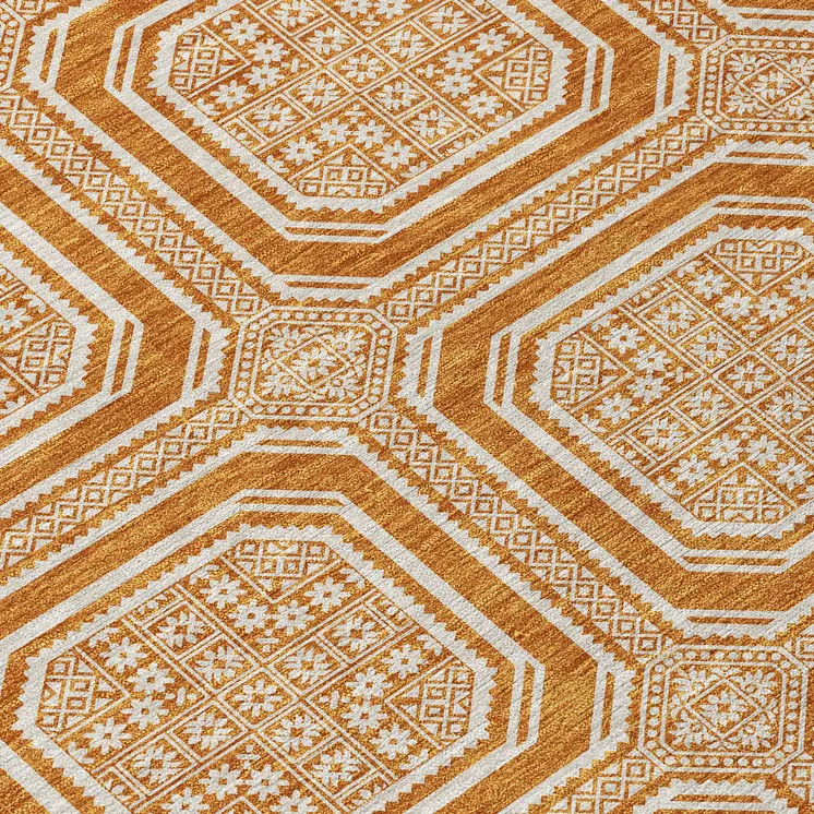 8' Terra Cotta And Ivory Round Geometric Washable Indoor Outdoor Area Rug