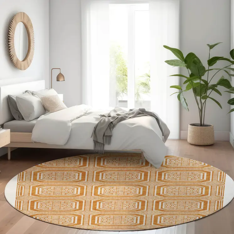 8' Terra Cotta And Ivory Round Geometric Washable Indoor Outdoor Area Rug