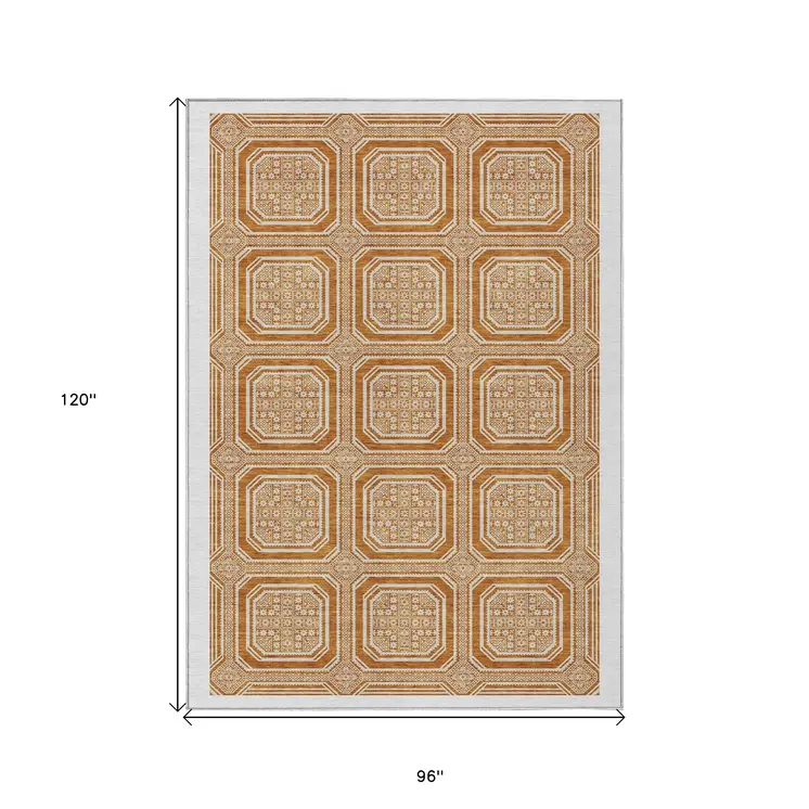 8' X 10' Terra Cotta And Ivory Geometric Washable Indoor Outdoor Area Rug