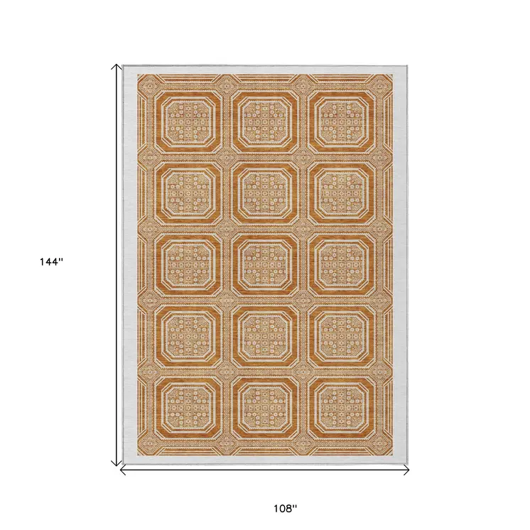9' X 12' Terra Cotta And Ivory Geometric Washable Indoor Outdoor Area Rug