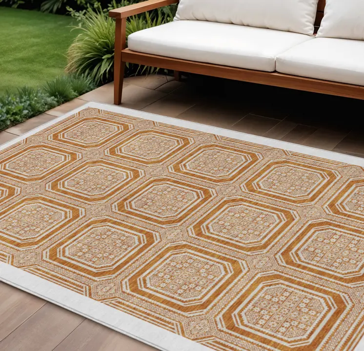 9' X 12' Terra Cotta And Ivory Geometric Washable Indoor Outdoor Area Rug