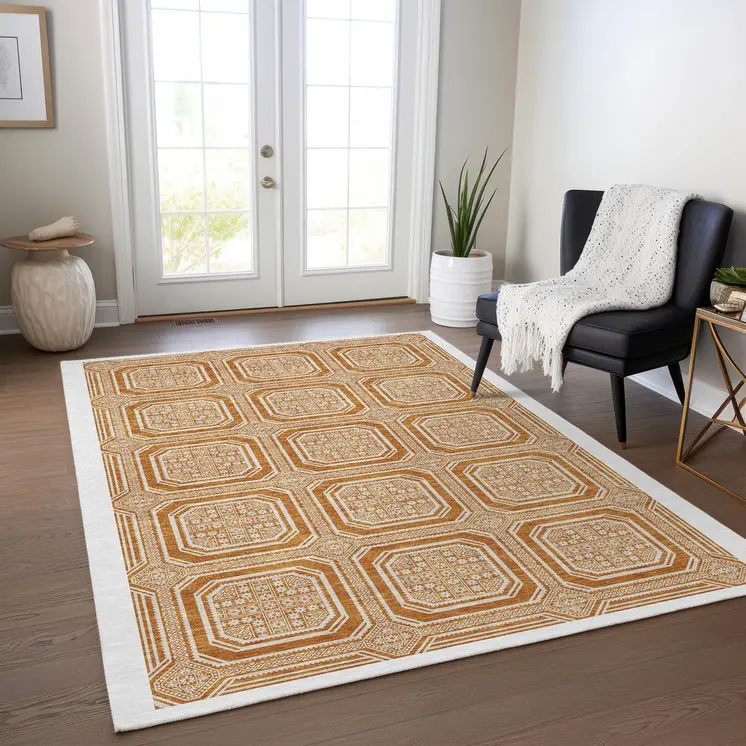 9' X 12' Terra Cotta And Ivory Geometric Washable Indoor Outdoor Area Rug