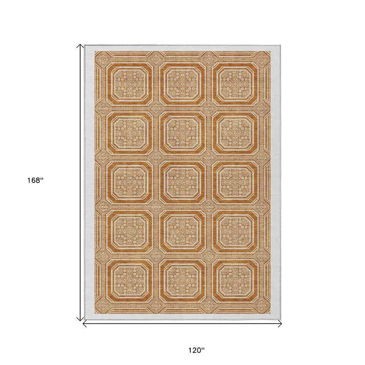 10' X 14' Terra Cotta And Ivory Geometric Washable Indoor Outdoor Area Rug