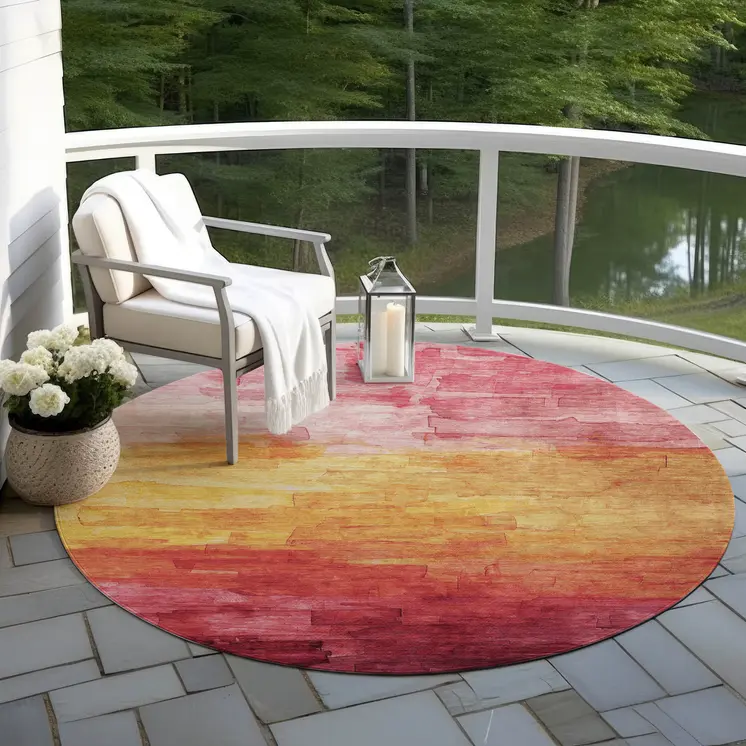 8' Blush And Pink Round Striped Washable Indoor Outdoor Area Rug
