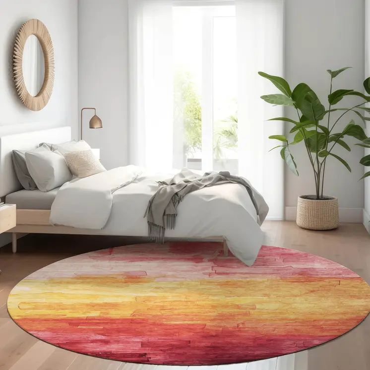8' Blush And Pink Round Striped Washable Indoor Outdoor Area Rug