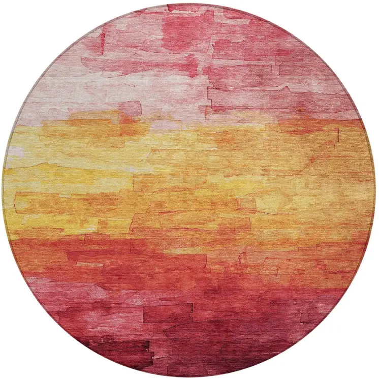 8' Blush And Pink Round Striped Washable Indoor Outdoor Area Rug