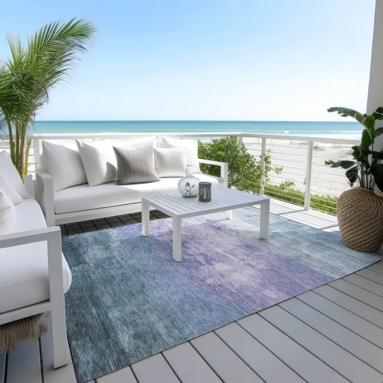 5' X 8' Denim Blue And Sky Blue Striped Washable Indoor Outdoor Area Rug