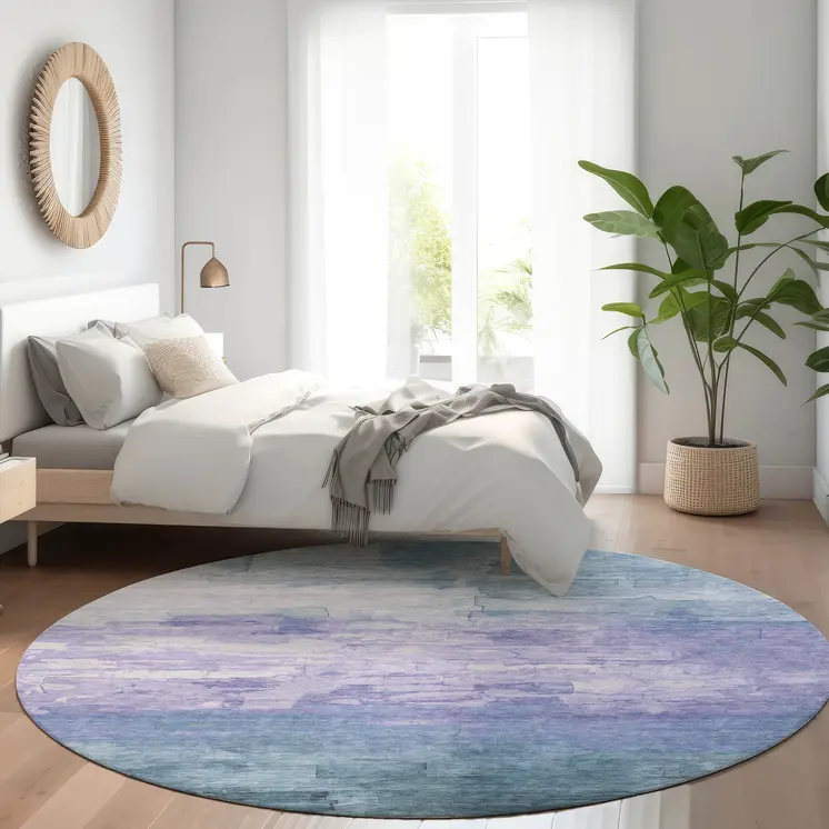 8' Denim Blue And Sky Blue Round Striped Washable Indoor Outdoor Area Rug