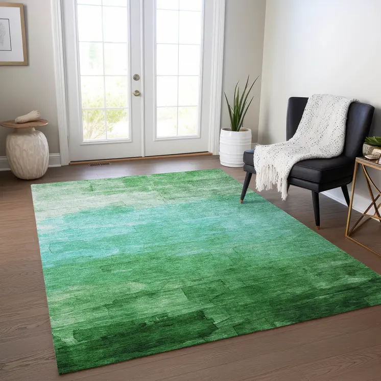 5' X 8' Green And Teal Blue Striped Washable Indoor Outdoor Area Rug