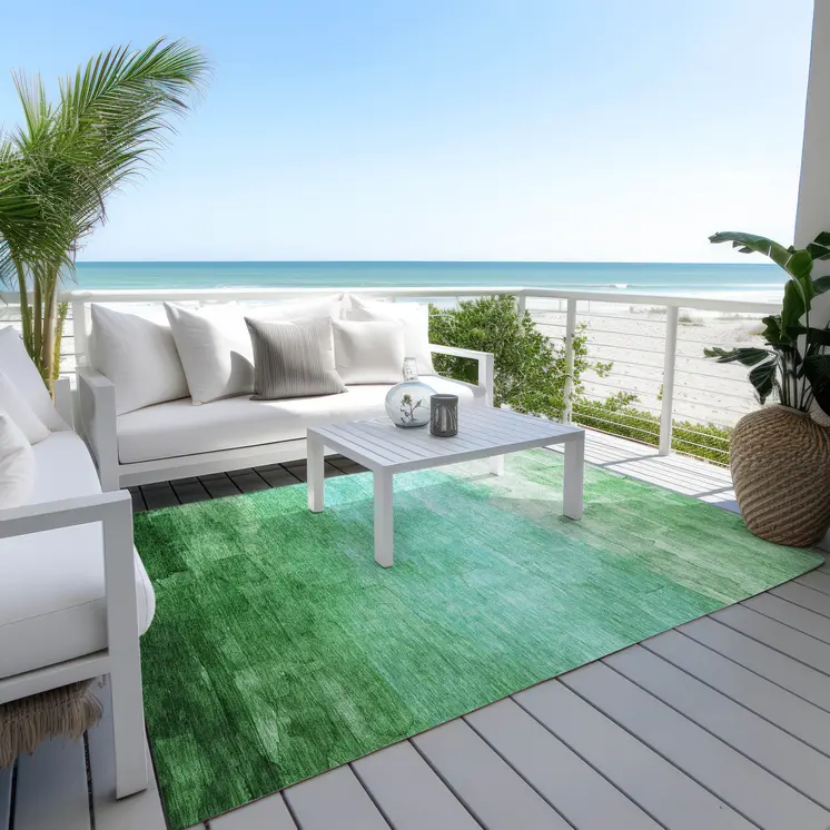 9' X 12' Green And Teal Blue Striped Washable Indoor Outdoor Area Rug
