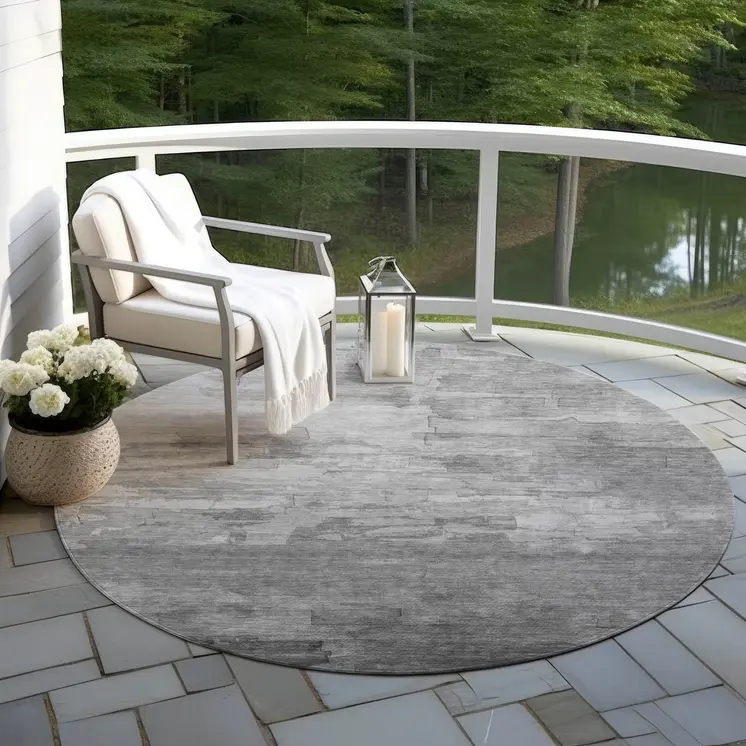 8' Gray And Silver Round Striped Washable Indoor Outdoor Area Rug