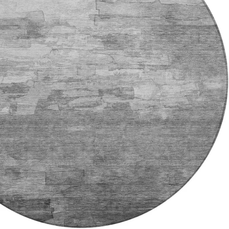 8' Gray And Silver Round Striped Washable Indoor Outdoor Area Rug