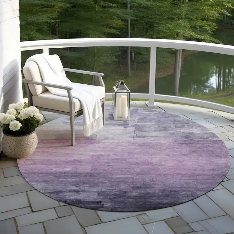 8' Lavender And Lilac Round Striped Washable Indoor Outdoor Area Rug
