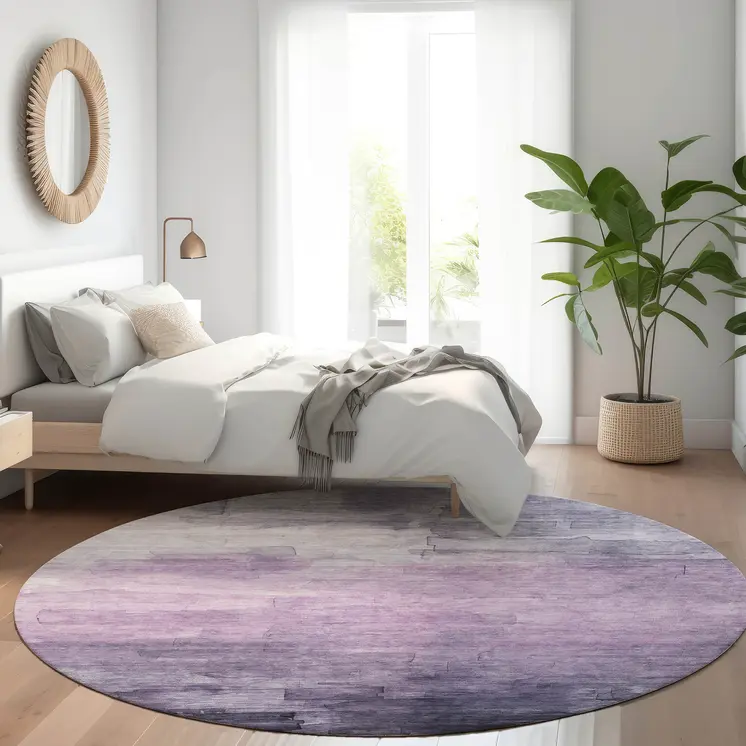 8' Lavender And Lilac Round Striped Washable Indoor Outdoor Area Rug
