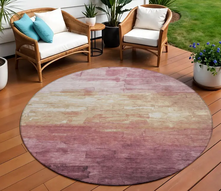 8' Mauve And Pink Round Striped Washable Indoor Outdoor Area Rug