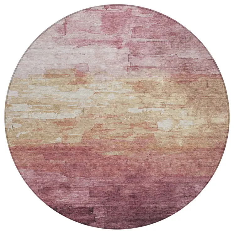 8' Mauve And Pink Round Striped Washable Indoor Outdoor Area Rug
