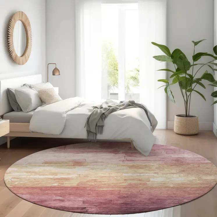 8' Mauve And Pink Round Striped Washable Indoor Outdoor Area Rug