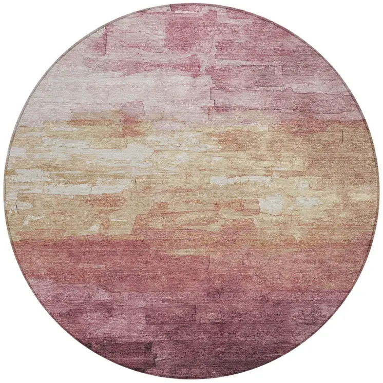 8' Mauve And Pink Round Striped Washable Indoor Outdoor Area Rug