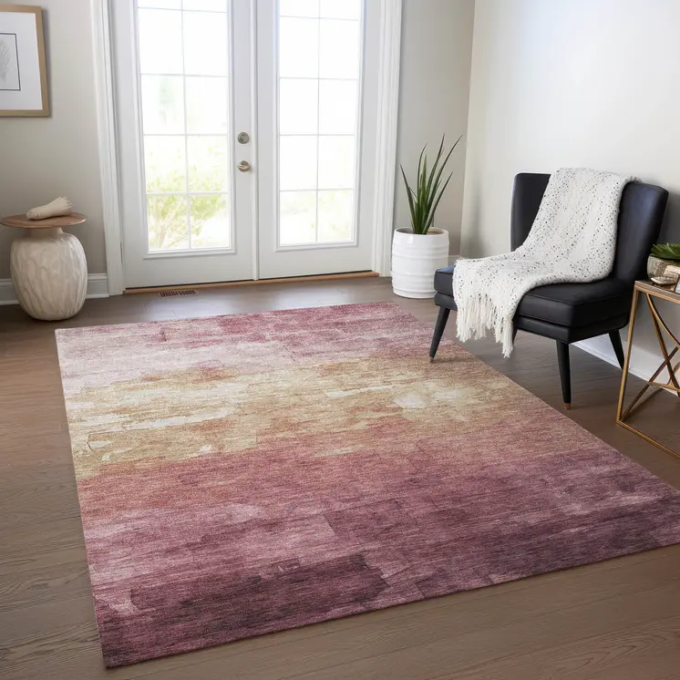 9' X 12' Mauve And Pink Striped Washable Indoor Outdoor Area Rug
