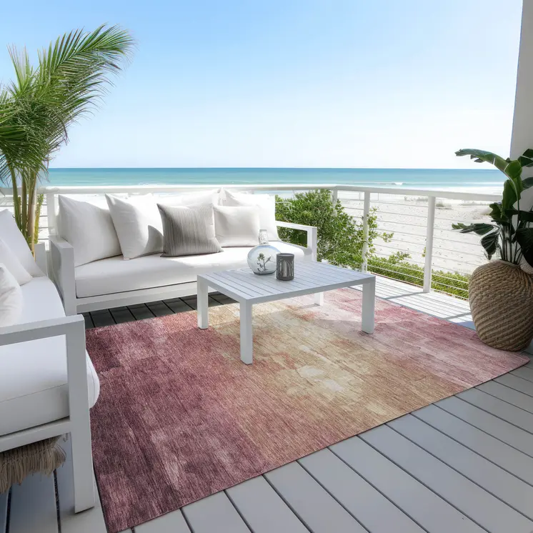 10' X 14' Mauve And Pink Striped Washable Indoor Outdoor Area Rug
