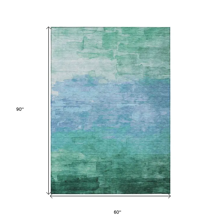 5' X 8' Teal Blue And Aqua Striped Washable Indoor Outdoor Area Rug