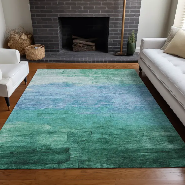 5' X 8' Teal Blue And Aqua Striped Washable Indoor Outdoor Area Rug