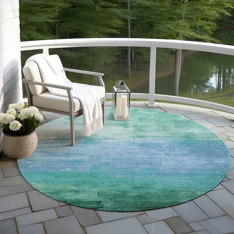 8' Teal Blue And Aqua Round Striped Washable Indoor Outdoor Area Rug