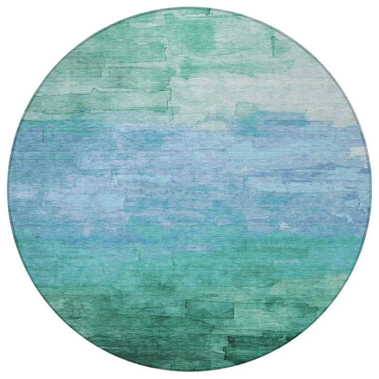 8' Teal Blue And Aqua Round Striped Washable Indoor Outdoor Area Rug