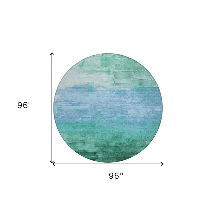 8' Teal Blue And Aqua Round Striped Washable Indoor Outdoor Area Rug