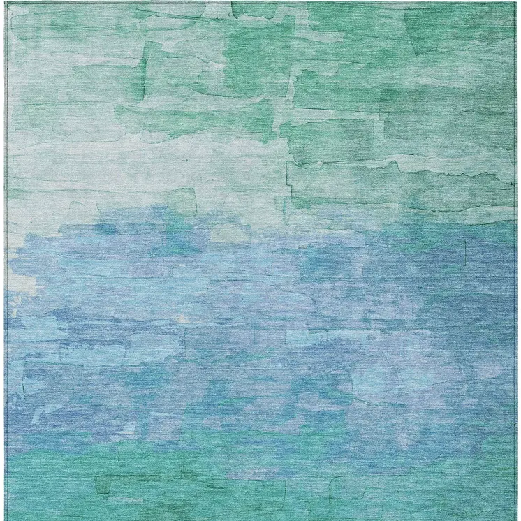 9' X 12' Teal Blue And Aqua Striped Washable Indoor Outdoor Area Rug