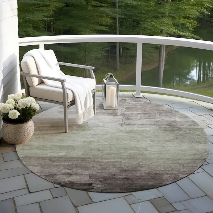 8' Taupe And Brown Round Striped Washable Indoor Outdoor Area Rug