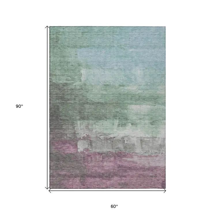 5' X 8' Artichoke Green And Mint Green Abstract Washable Indoor Outdoor Area Rug
