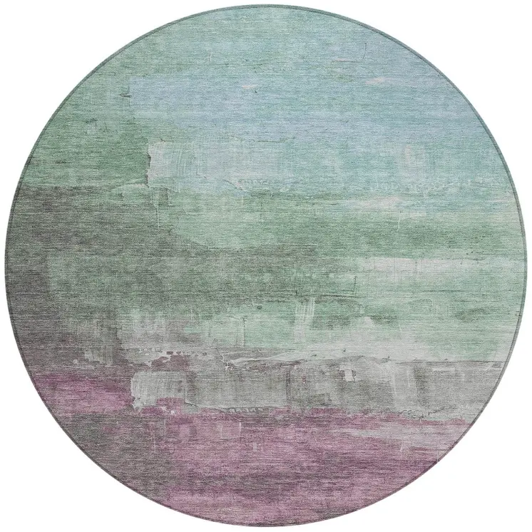 8' Artichoke Green And Mint Green Round Abstract Washable Indoor Outdoor Area Rug