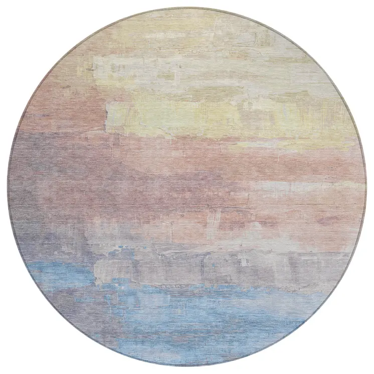 8' Beige And Salmon Round Abstract Washable Indoor Outdoor Area Rug