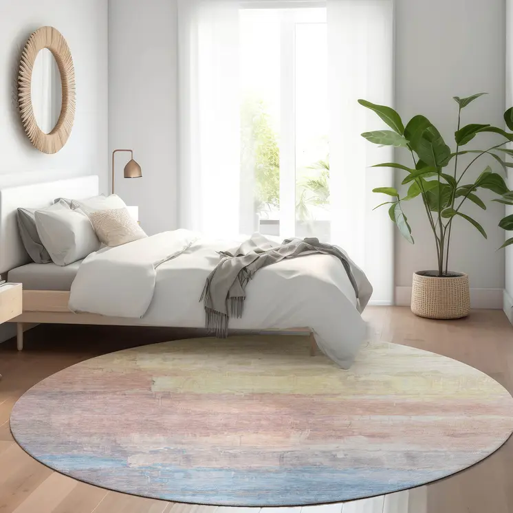 8' Beige And Salmon Round Abstract Washable Indoor Outdoor Area Rug