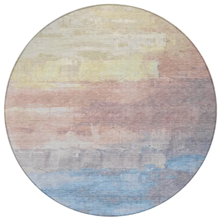 8' Beige And Salmon Round Abstract Washable Indoor Outdoor Area Rug