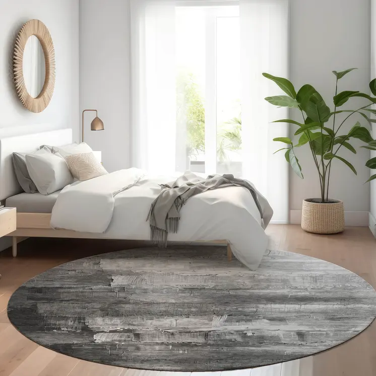 8' Gray And Silver Round Abstract Washable Indoor Outdoor Area Rug