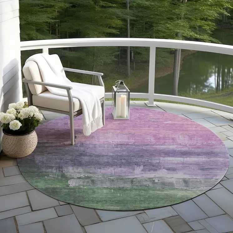 8' Lavender And Lilac Round Abstract Washable Indoor Outdoor Area Rug